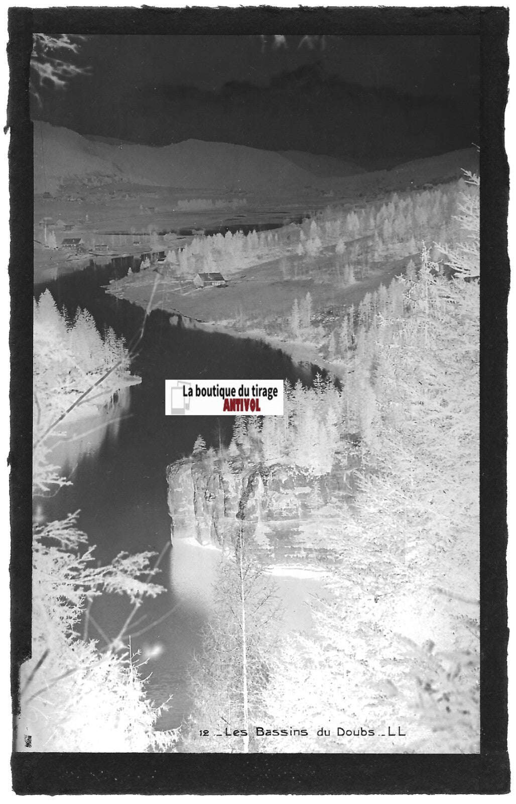 Plaque verre photo vintage, négatif noir & blanc 9x14 cm, les Bassins du Doubs