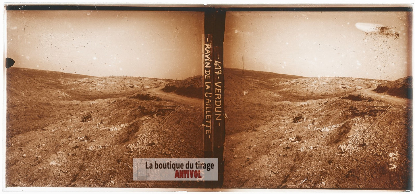 Verdun, Ravin de la Caillette WW1, plaque verre photo ancienne stéréo 6x13 cm