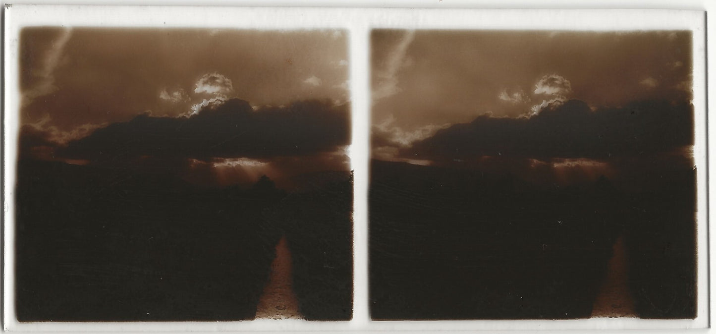 Paysage, soleil, Plaque verre photo stéréoscopique, positif noir & blanc 6x13 cm
