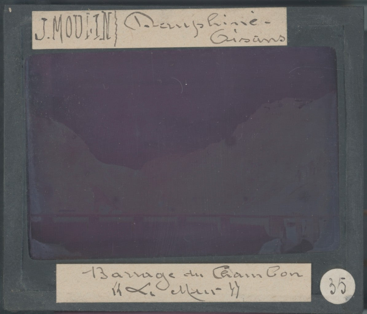 Barrage du Chambon, photo J. Moulin, plaque verre, couleur, positif 8,5x10 cm