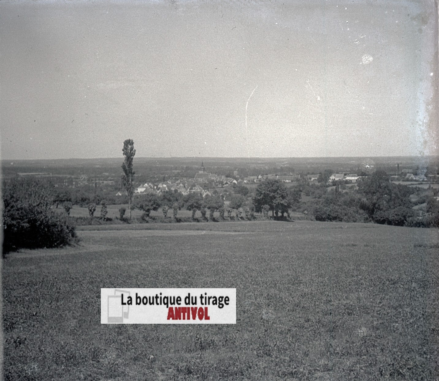 Champs, paysage France, plaque verre, photo ancienne, négatif N&B 6x13 cm