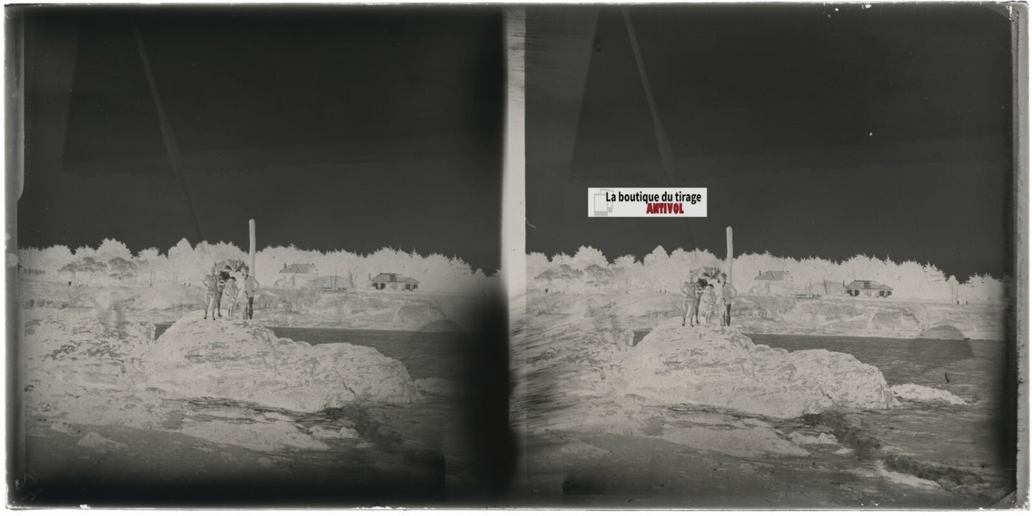 Bretagne, promenade, stéréoscopie, photo ancienne plaque verre, négatif 9x18 cm