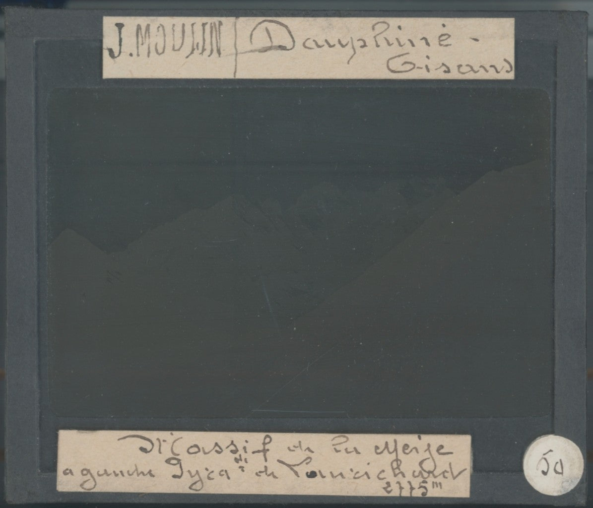 Massif de la Meije, photo J. Moulin, plaque verre, sépia, positif 8,5x10 cm