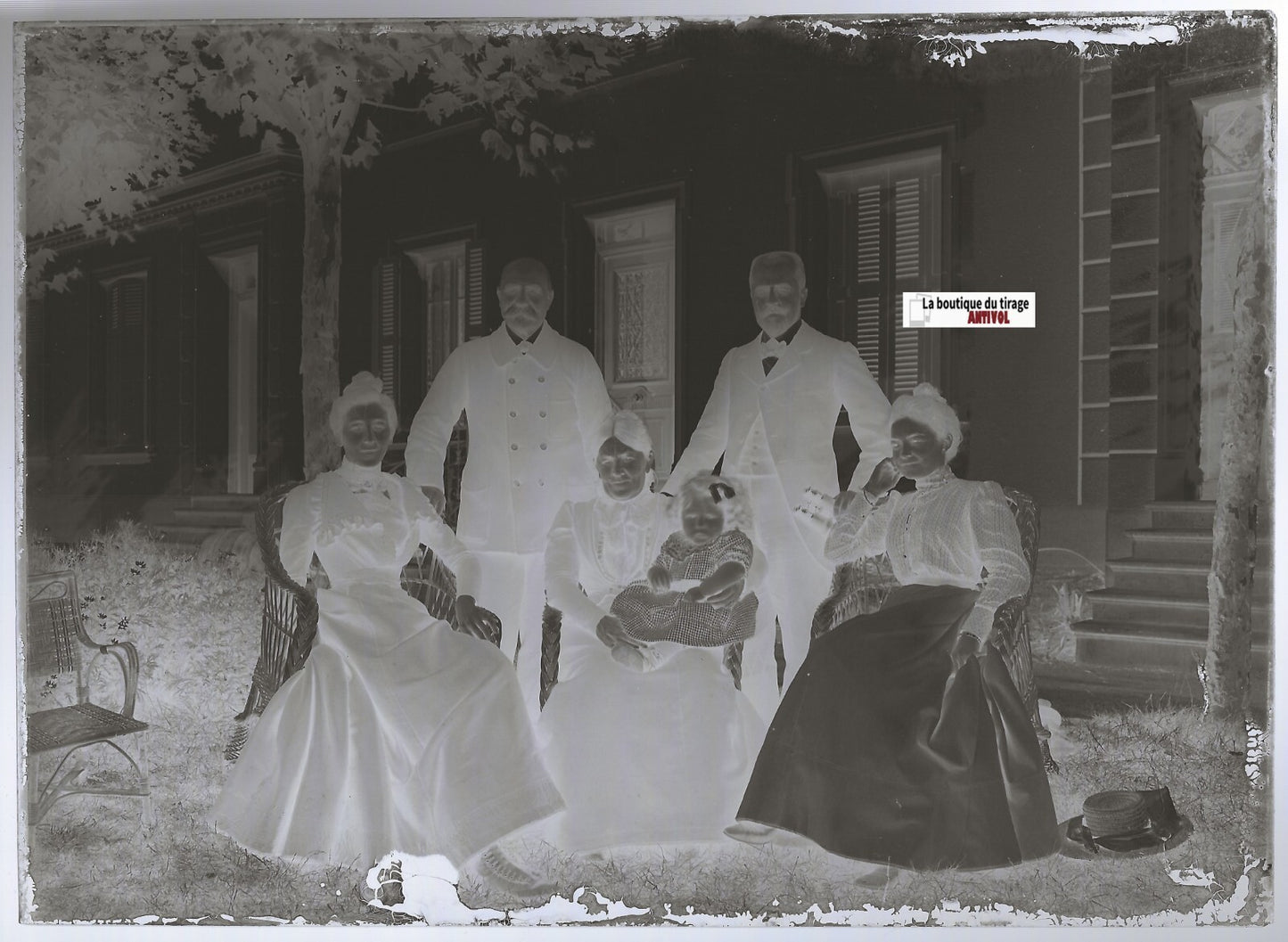 Groupe, famille, Plaque verre photo ancienne, négatif noir & blanc 13x18 cm