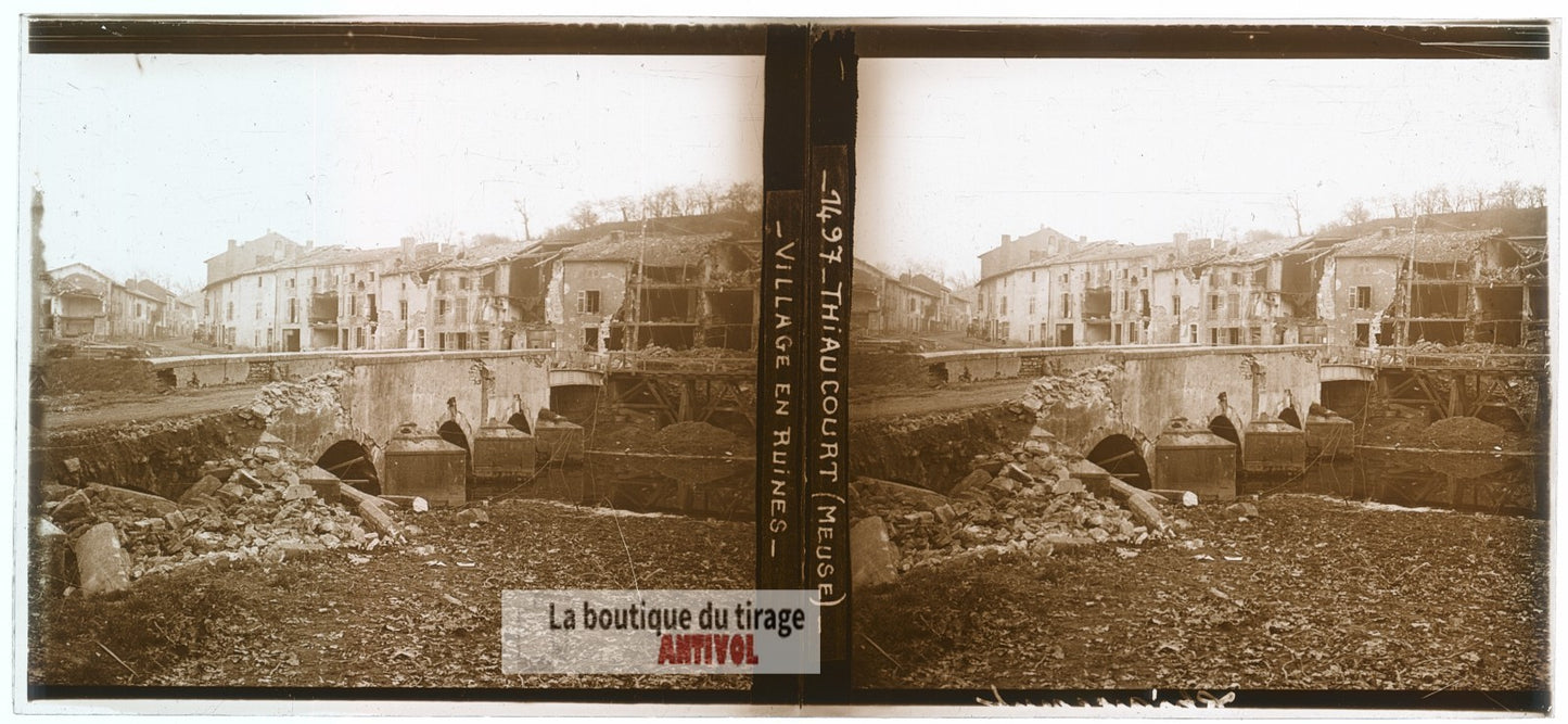 Thiaucourt, Meuse, ruines WW1, plaque verre photo ancienne stéréo 6x13 cm