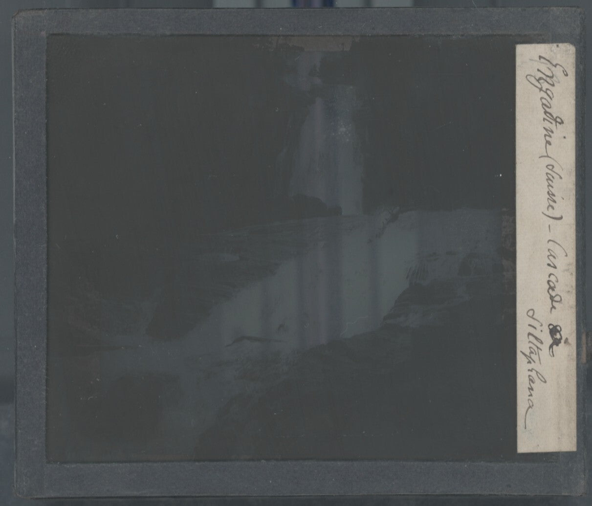 Engadine, cascade, Suisse, photo plaque verre, noir & blanc, positif 8,5x10 cm