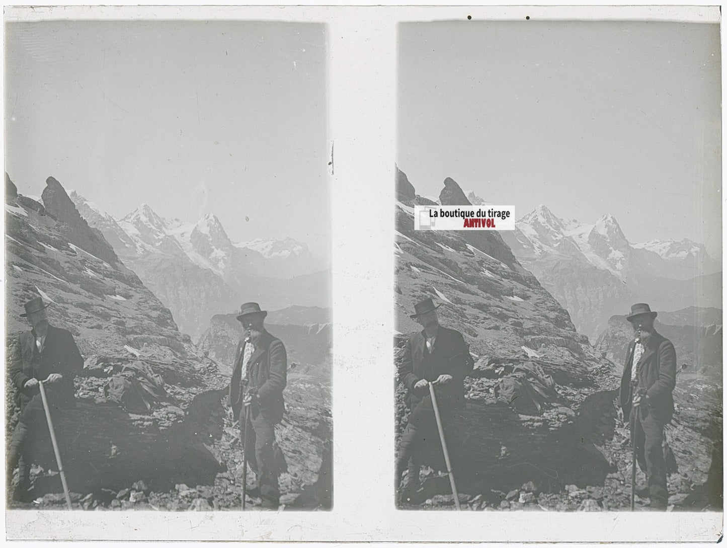 Alpinistes, Alpes suisses, stéréo photo plaque verre, noir & blanc, 9x12 cm