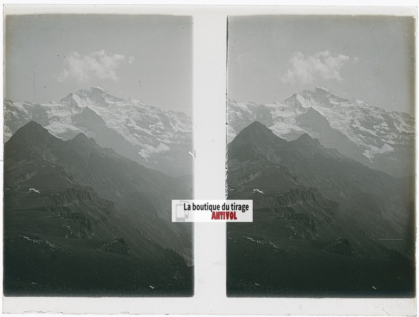 La Jungfrau et le Silberhorn, stéréo photo plaque verre, noir & blanc, 9x12 cm