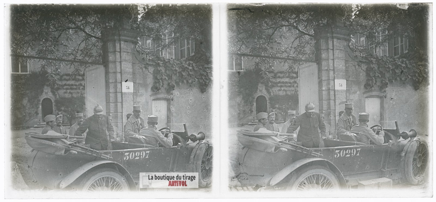 Voiture, officiers, guerre WW1, plaque verre photo ancienne stéréo 6x13 cm