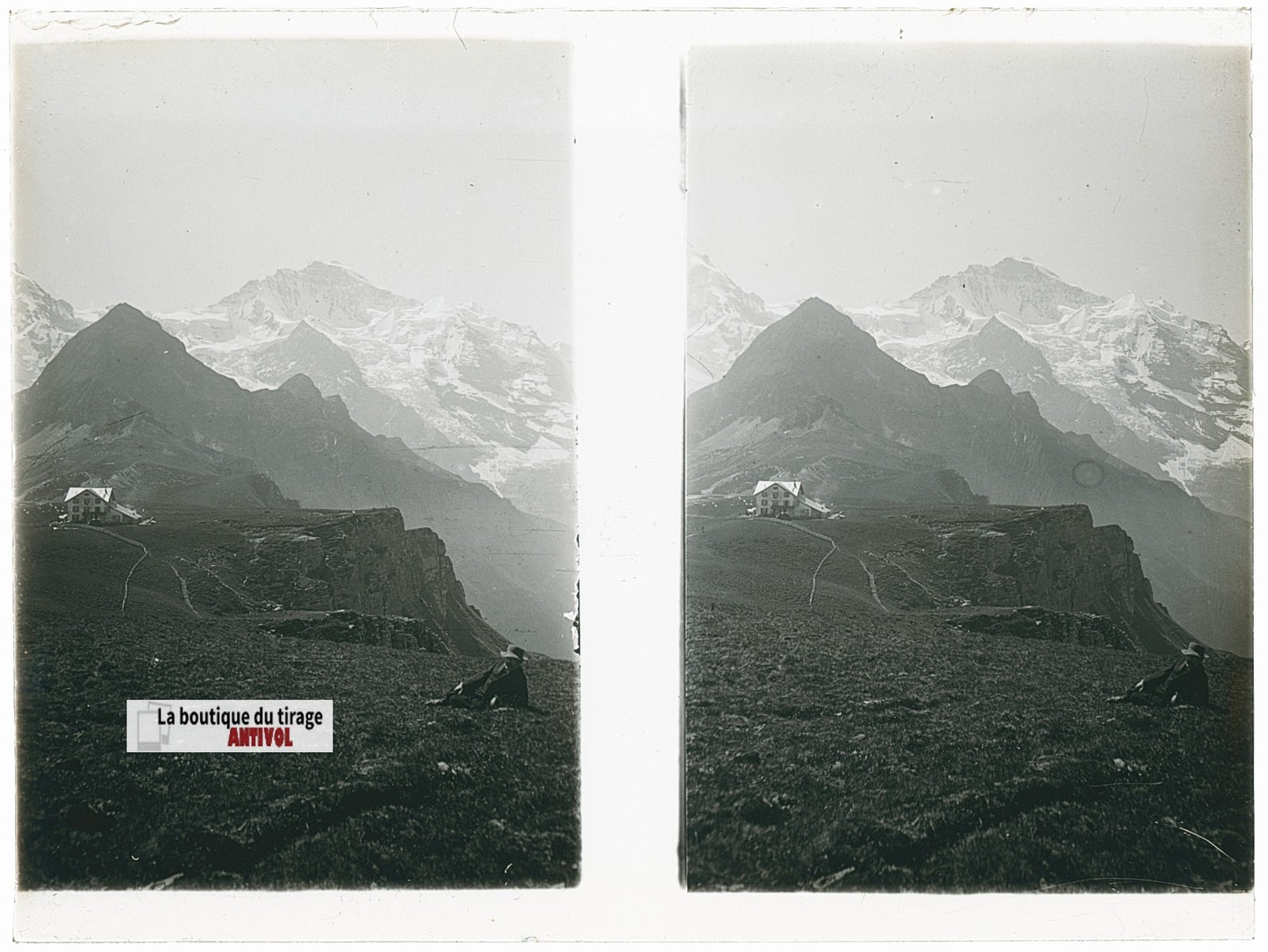 Randonneur, Alpes Suisse, stéréo photo plaque verre, noir & blanc, 9x12 cm