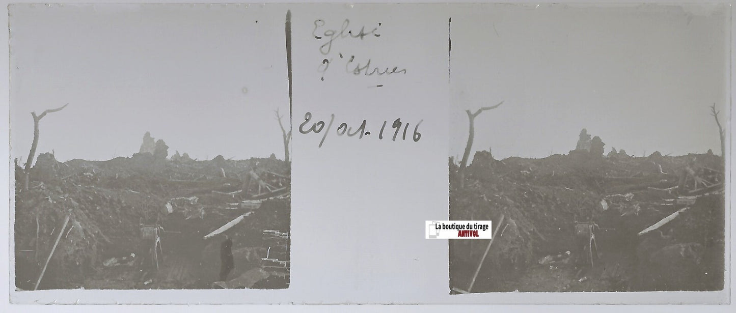 Estrées église, WW1, Plaque verre stéréo, positif noir & blanc 4,5x10,7 cm