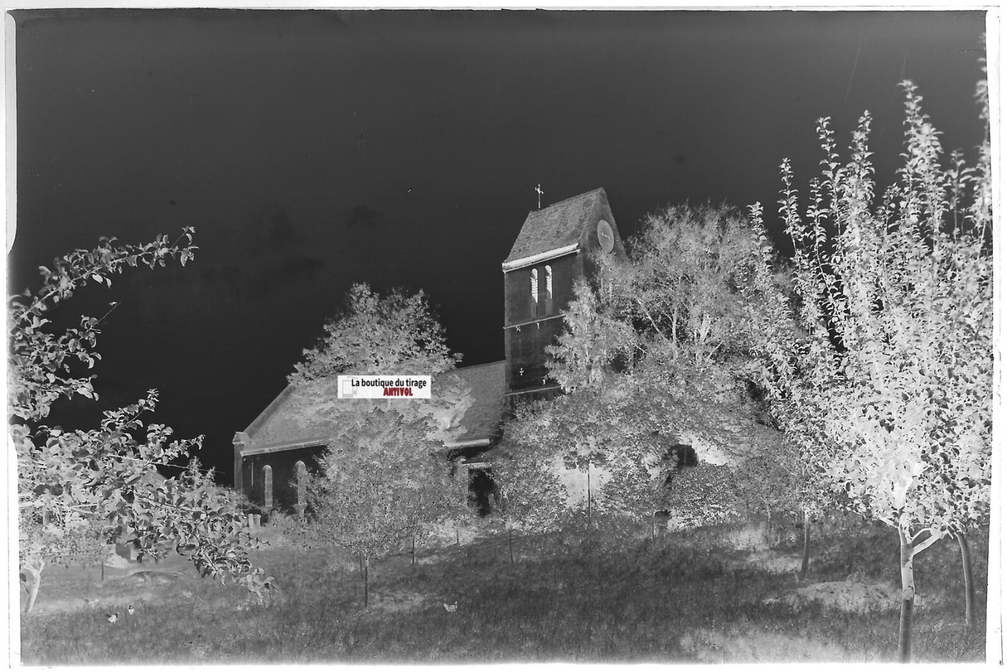 Eglise de Pfettisheim, Plaque verre photo vintage, négatif noir & blanc 10x15 cm
