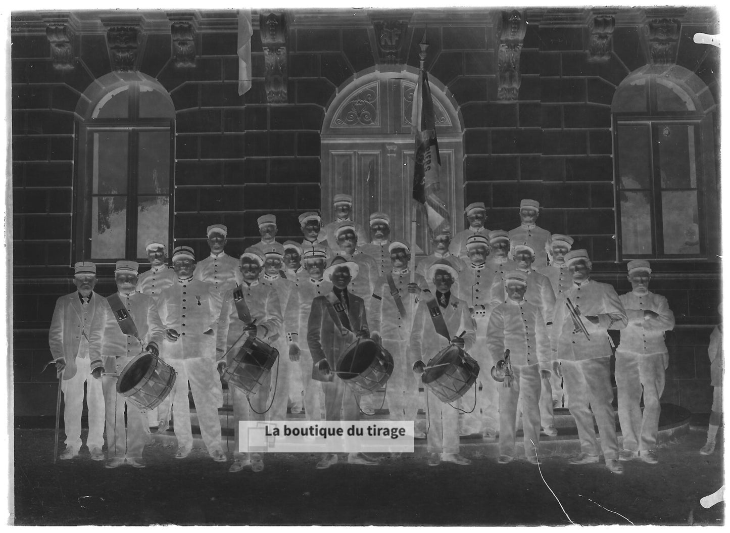 Plaque verre photo ancienne négatif noir et blanc 13x18 cm soldats orchestre