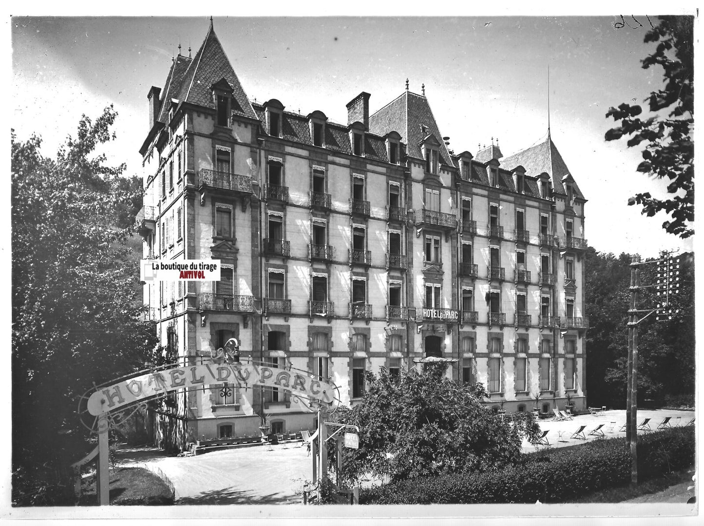 Plaque verre ancienne positif noir & blanc 13x18 cm Saint-Nectaire, hôtel parc