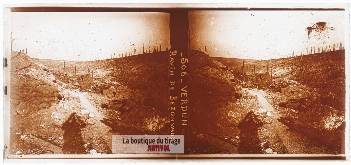Verdun, Ravin de Bezonvaux, WW1, plaque verre photo ancienne stéréo 6x13 cm