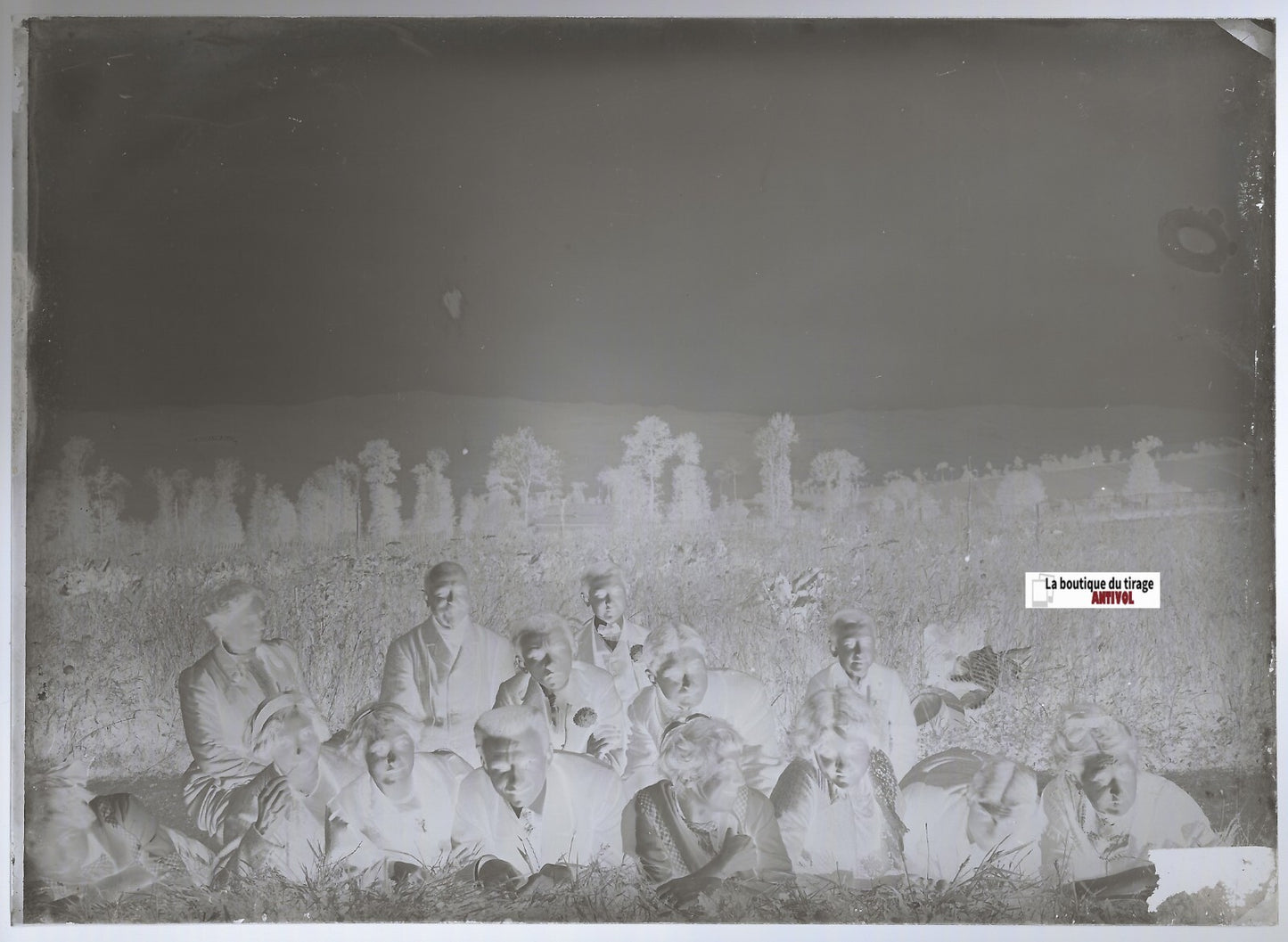 Groupe, paysage, Plaque verre photo ancienne, négatif noir & blanc 13x18 cm