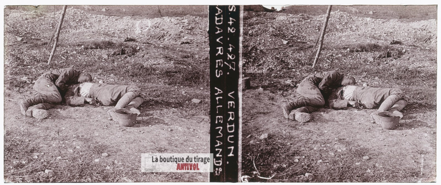 Verdun, soldats allemands, guerre WW1, plaque verre stéréo, photo 4,5x10,7 cm