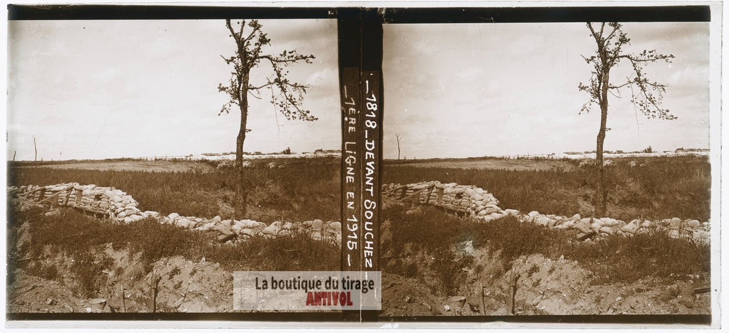 Souchez, première ligne en 1915, WW1, plaque verre photo ancienne stéréo 6x13 cm
