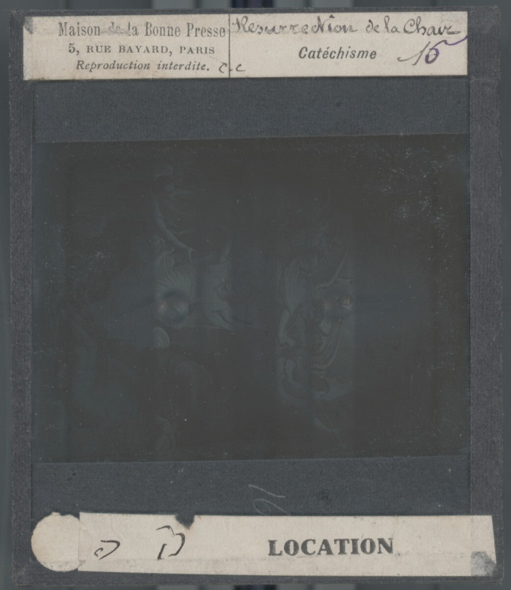 Scène religieuse, catéchisme, dessin peinture, plaque verre, positif 8,5x10 cm