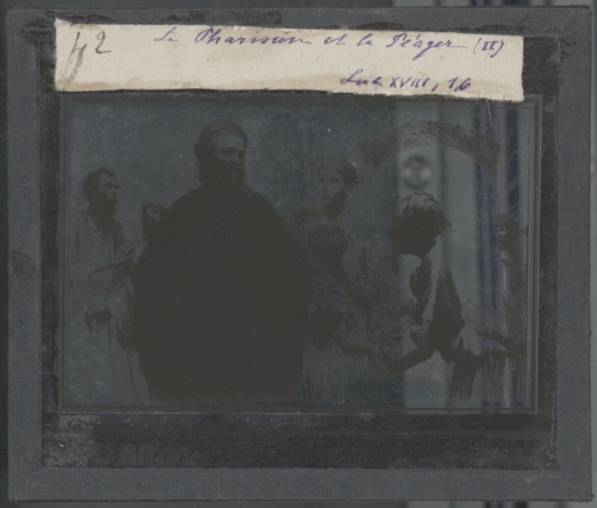 Luc, scène religieuse, dessin peinture plaque de verre, positif 8,5x10 cm