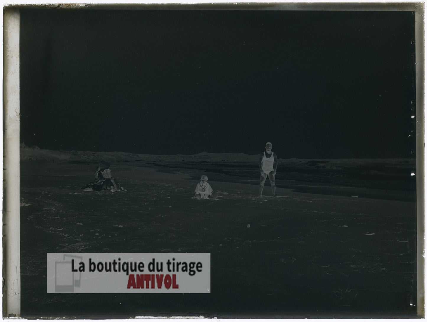 Famille mer, Oran, Algérie, plaque verre, photo ancienne, négatif 9x12 cm