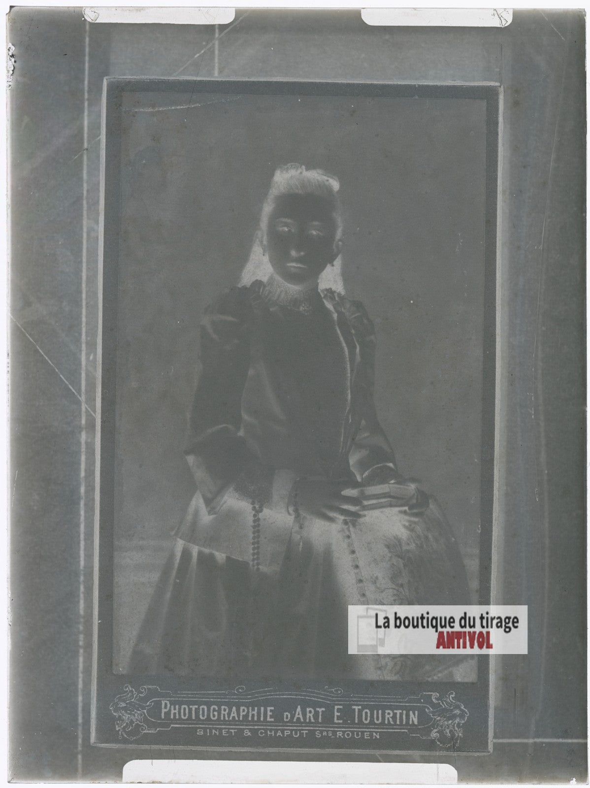 Portrait d'une jeune fille, robe, plaque verre photo ancienne, négatif 9x12 cm
