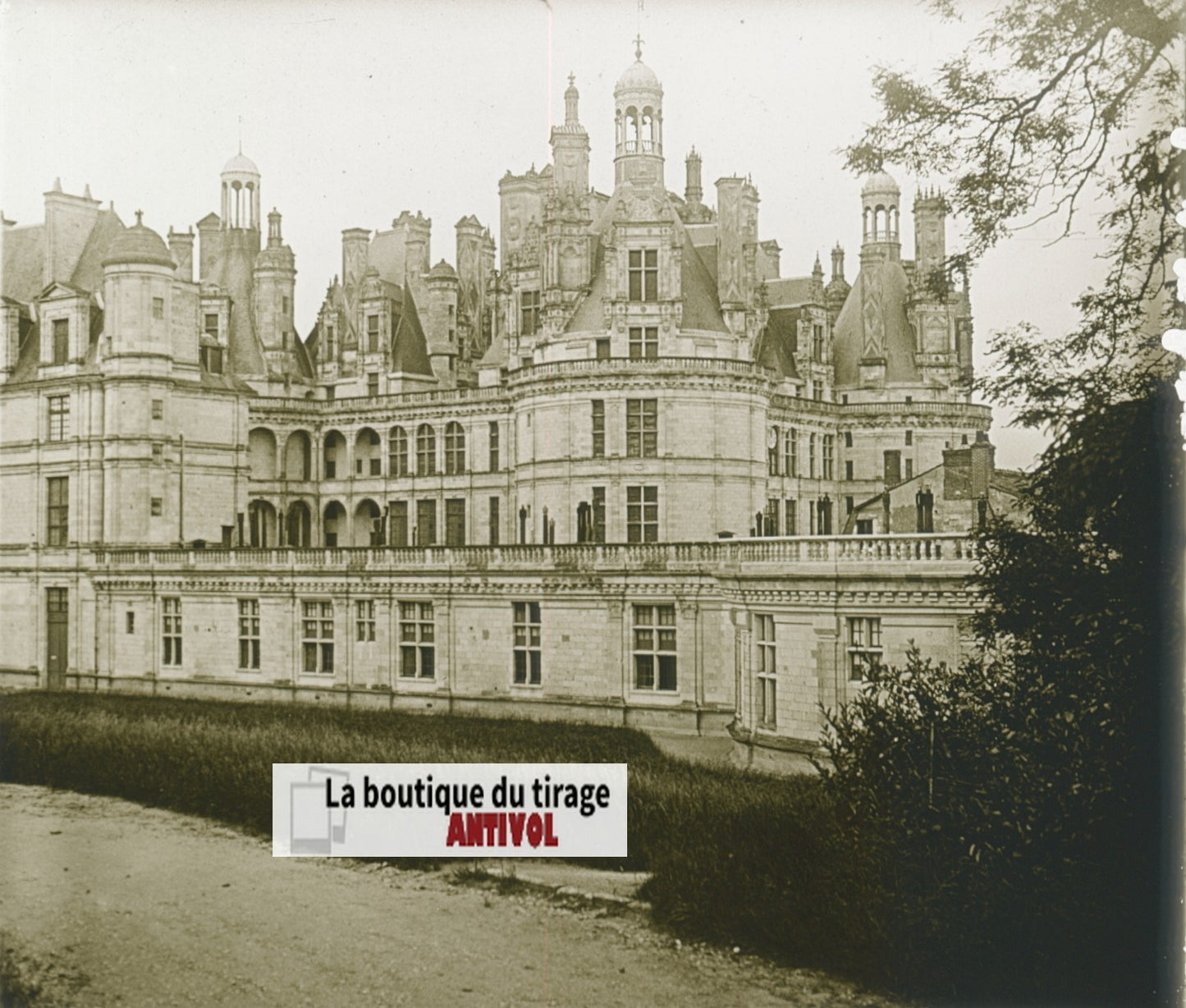 Château de Chambord, plaque verre, photo stéréoscopie, noir & blanc 6x13 cm