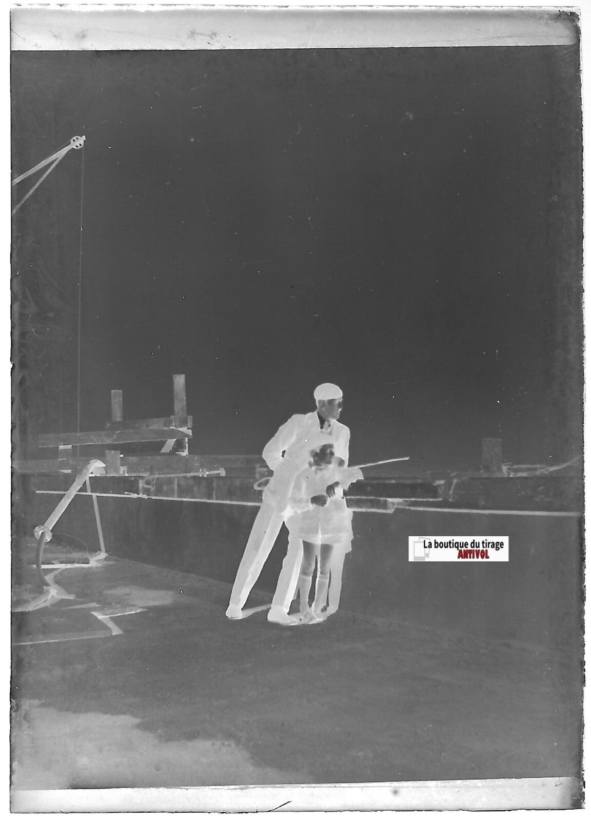Père et fils, béret, Plaque verre photo ancienne, négatif noir & blanc 6x9 cm
