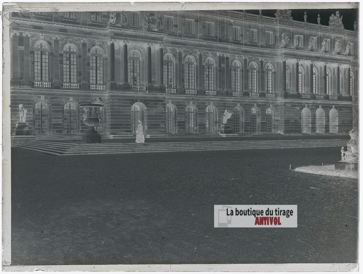 Façade du château de Versailles, plaque verre photo ancienne, négatif 9x12 cm