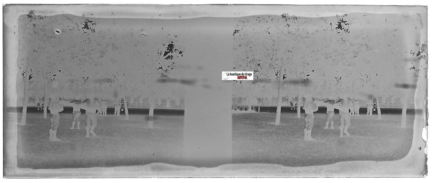 Hommes, jeu, Plaque verre photo stéréo, négatif noir & blanc 4,5x10,7 cm