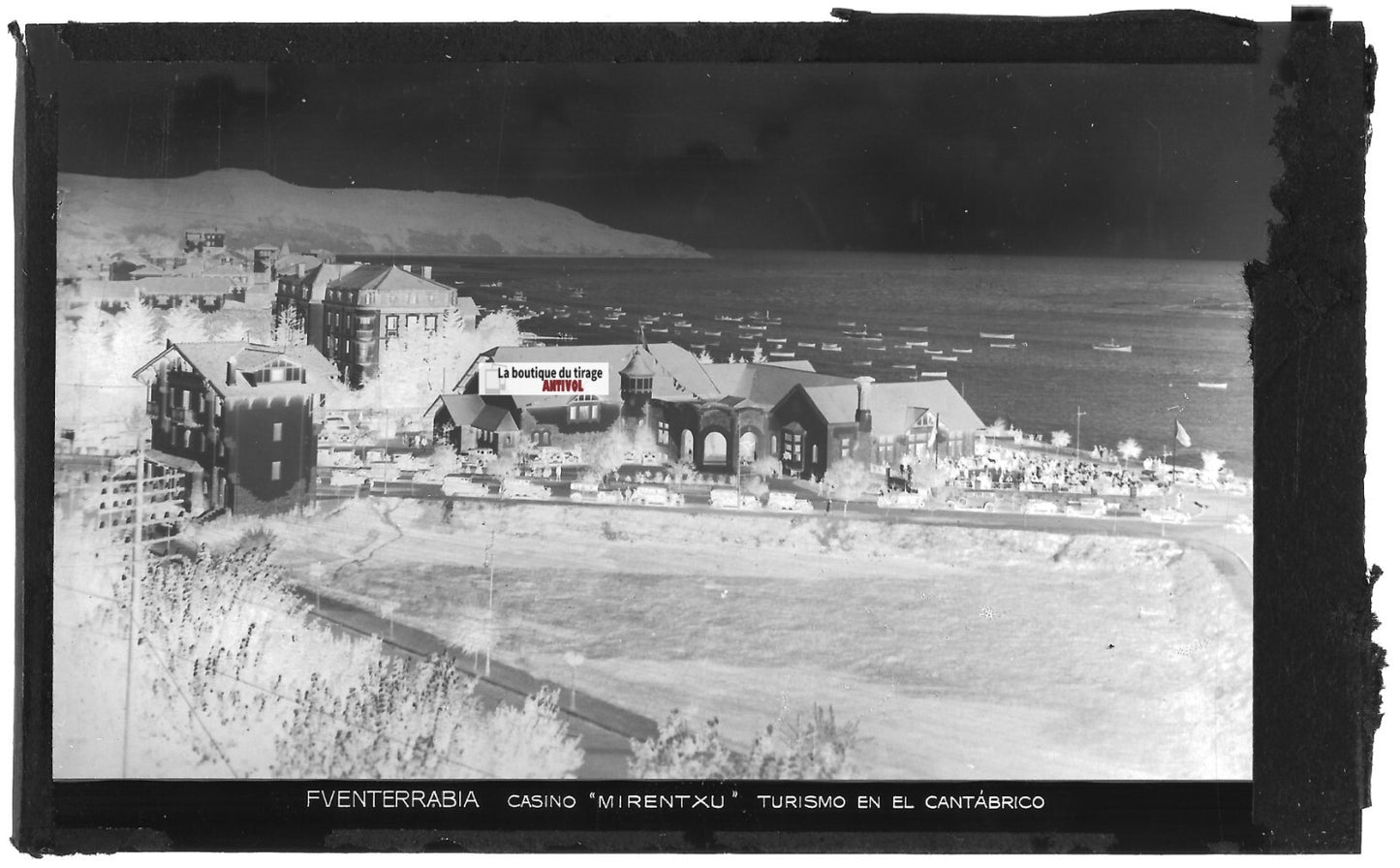 Plaque verre photo négatif noir & blanc 9x14 cm, Fuenterrabia, Casino, voitures