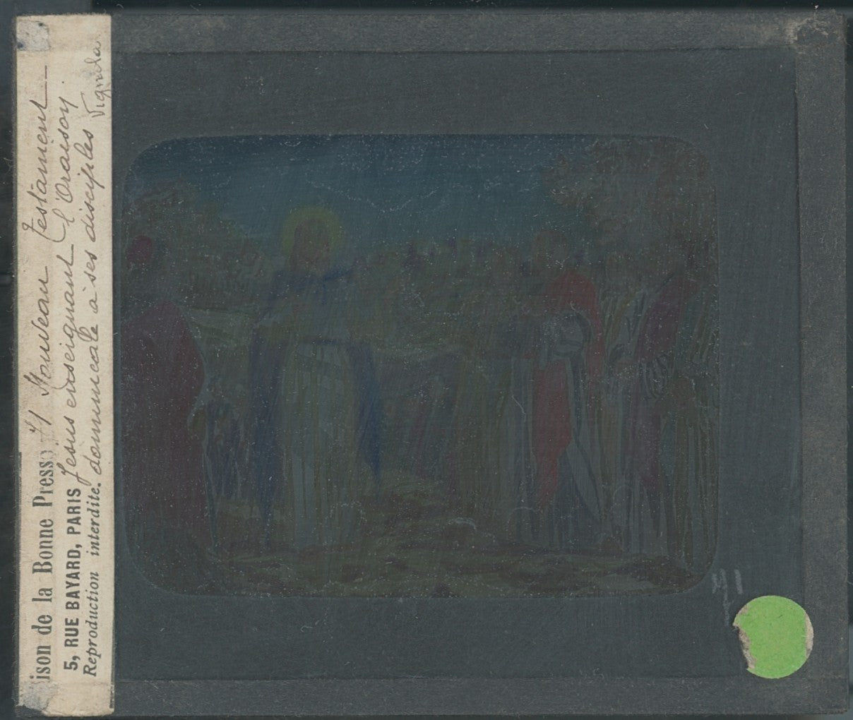 Nouveau testament, Jésus, dessin, plaque verre ancienne, couleur 8,5x10 cm