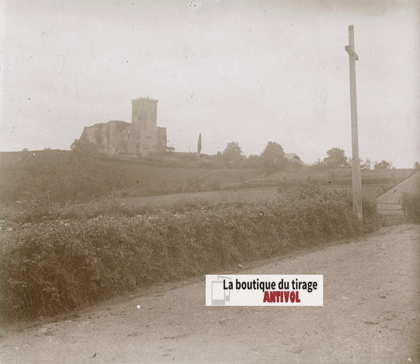 Château de Mauvezin, plaque verre, photo ancienne stéréoscopie, N&B 6x13 cm