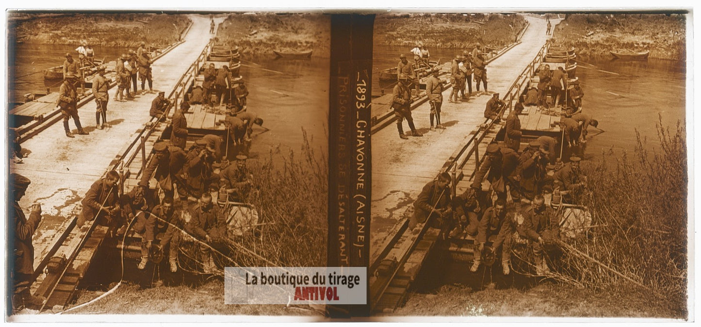 Chavonne, prisonniers, guerre WW1, plaque verre photo ancienne stéréo 6x13 cm