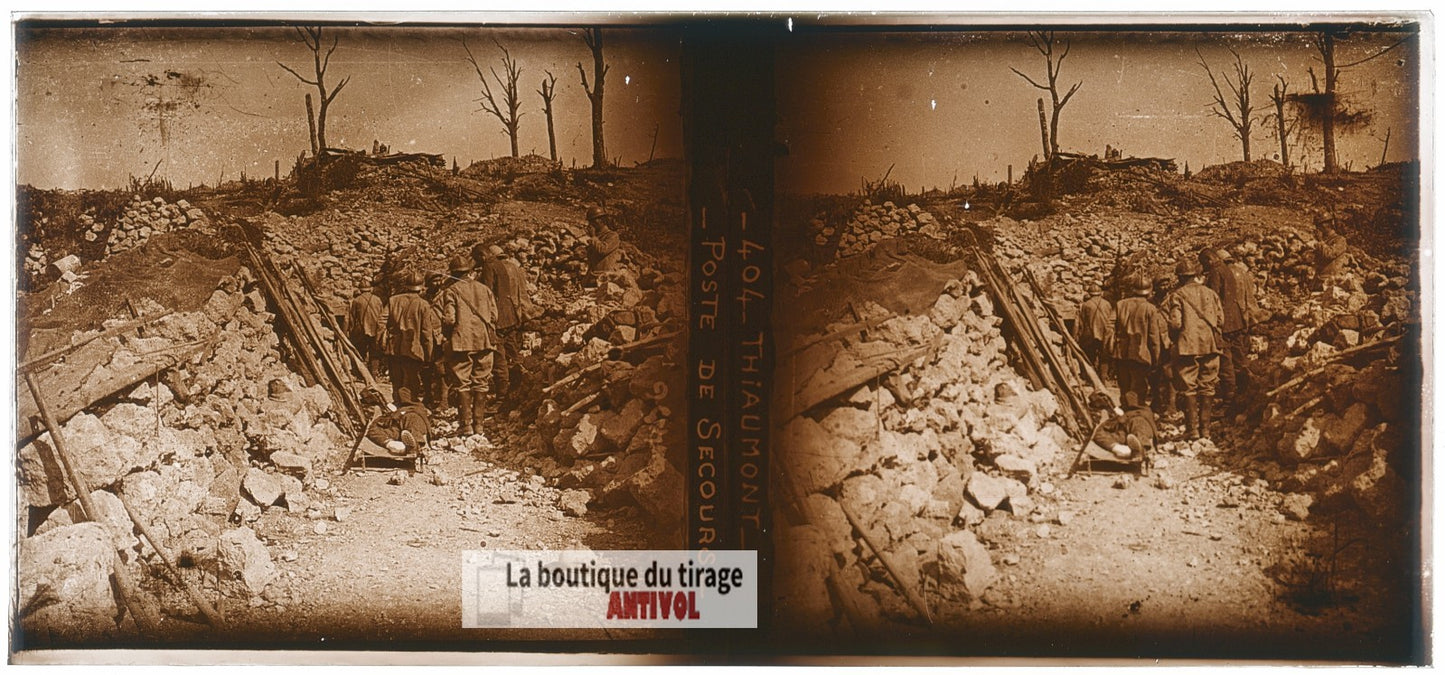 Thiaumont, poste secours, guerre WW1, plaque verre photo ancienne stéréo 6x13 cm