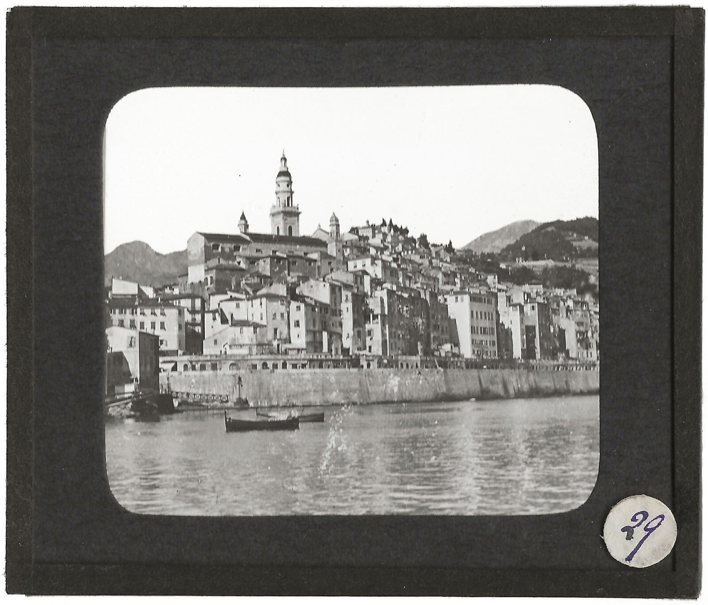Menton, la vieille ville, mer, bateaux, photo plaque de verre, positif 8,5x10 cm