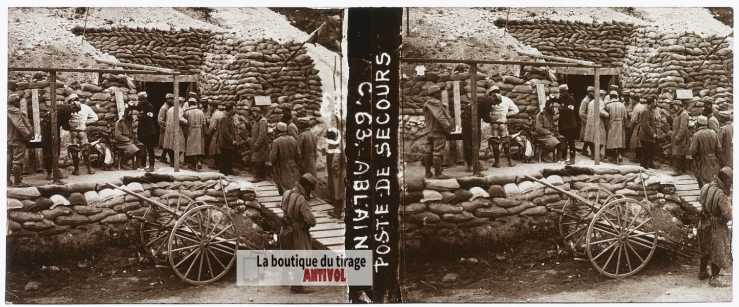 Ablain, Poste de secours, guerre WW1, plaque verre stéréo, photo 4,5x10,7 cm