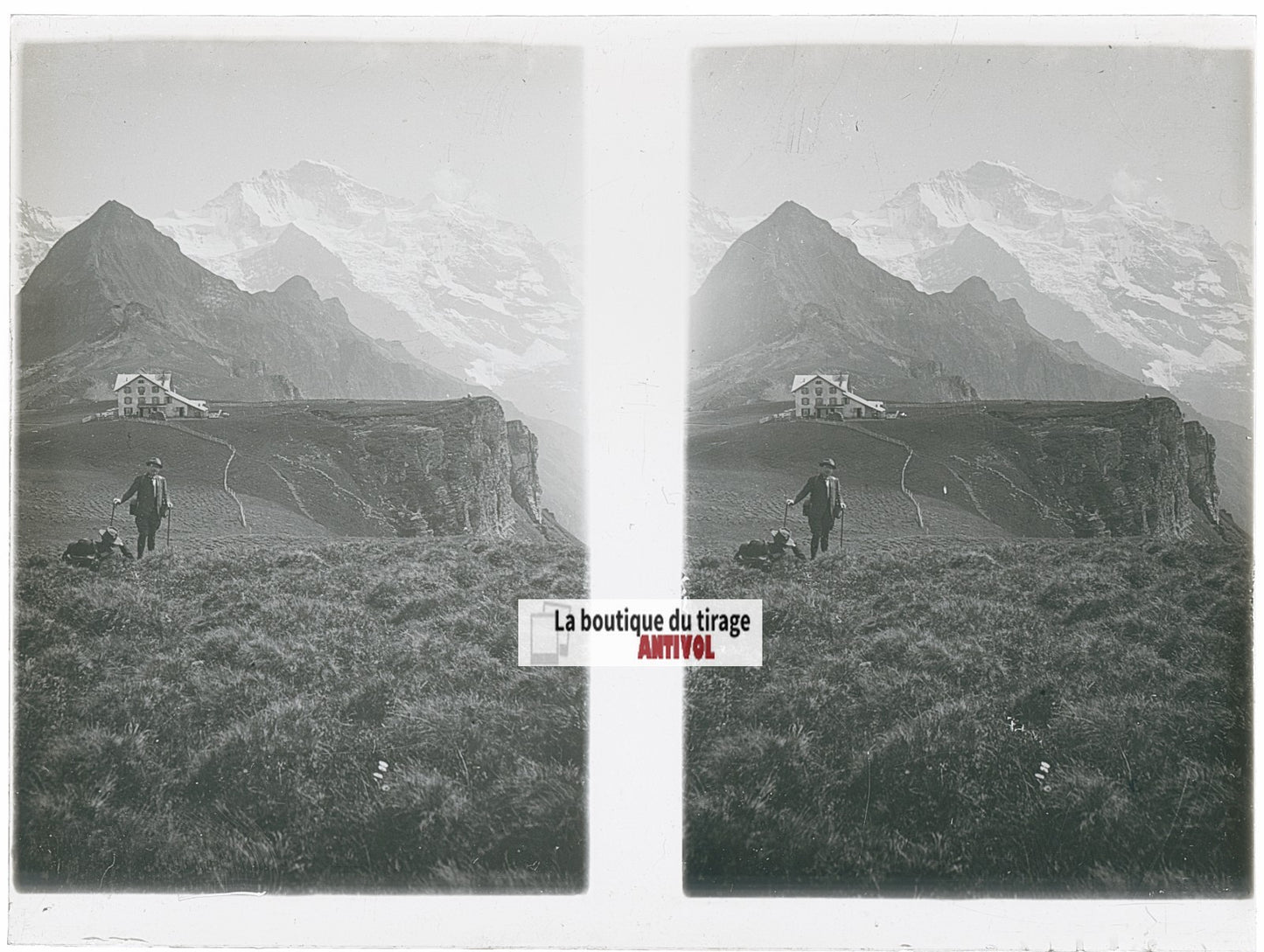 Randonnée, Alpes Suisse, stéréo photo plaque verre, noir & blanc, 9x12 cm