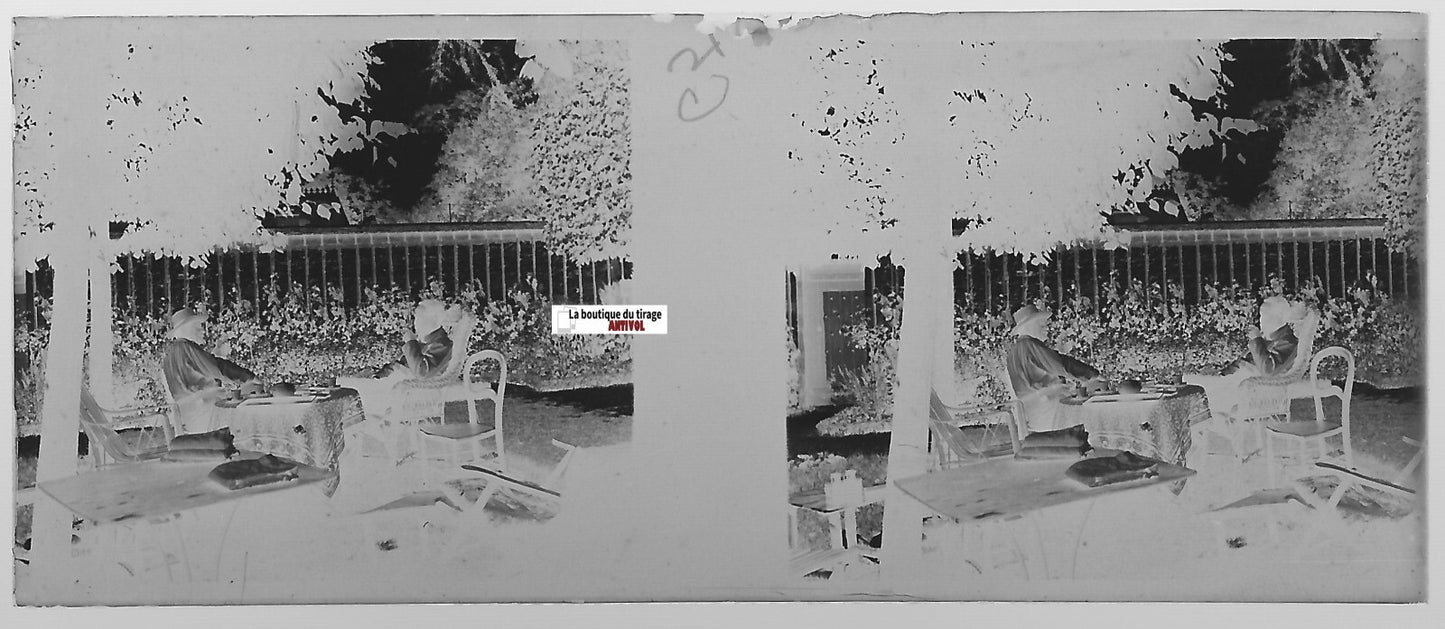 Thé, café, hommes, Plaque verre photo stéréo, négatif noir & blanc 4,5x10,7 cm