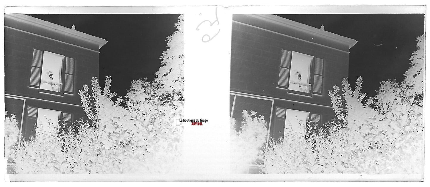 Maison, France, Plaque verre photo stéréo, négatif noir & blanc 4,5x10,7 cm