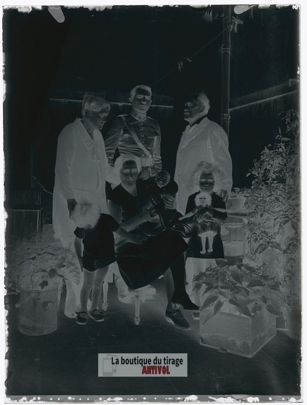 Portrait familial, soldat, plaque verre, photo ancienne, négatif 9x12 cm