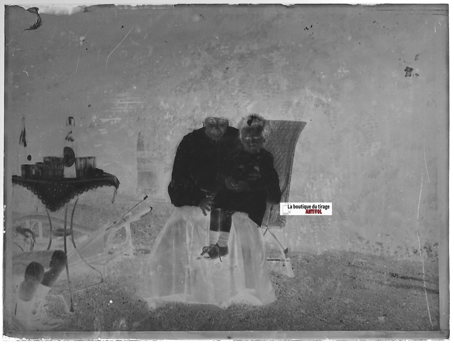 Famille, apéritif, Plaque verre photo ancienne, négatif noir & blanc 9x12 cm