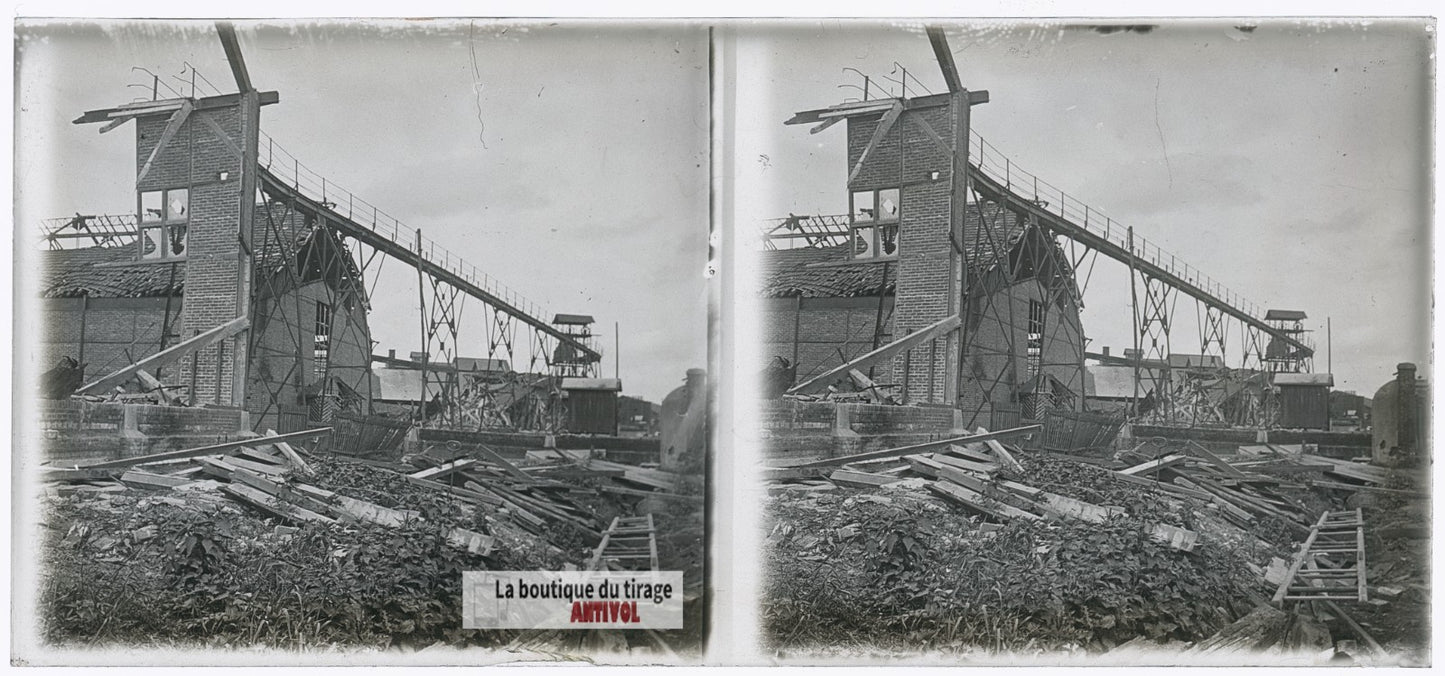 Installation industrielle guerre WW1, plaque verre photo ancienne stéréo 6x13 cm