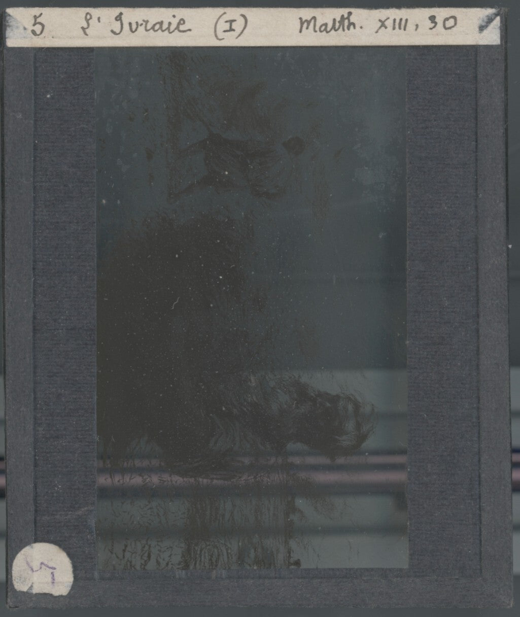 Matthieu, scène religieuse, dessin peinture plaque de verre, positif 8,5x10 cm