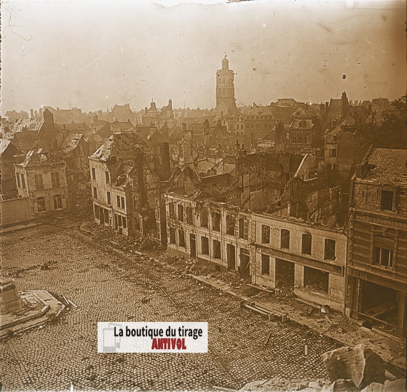 Saint-Quentin, WW1 bombes, plaque verre, photo ancienne stéréoscopie 6x13 cm