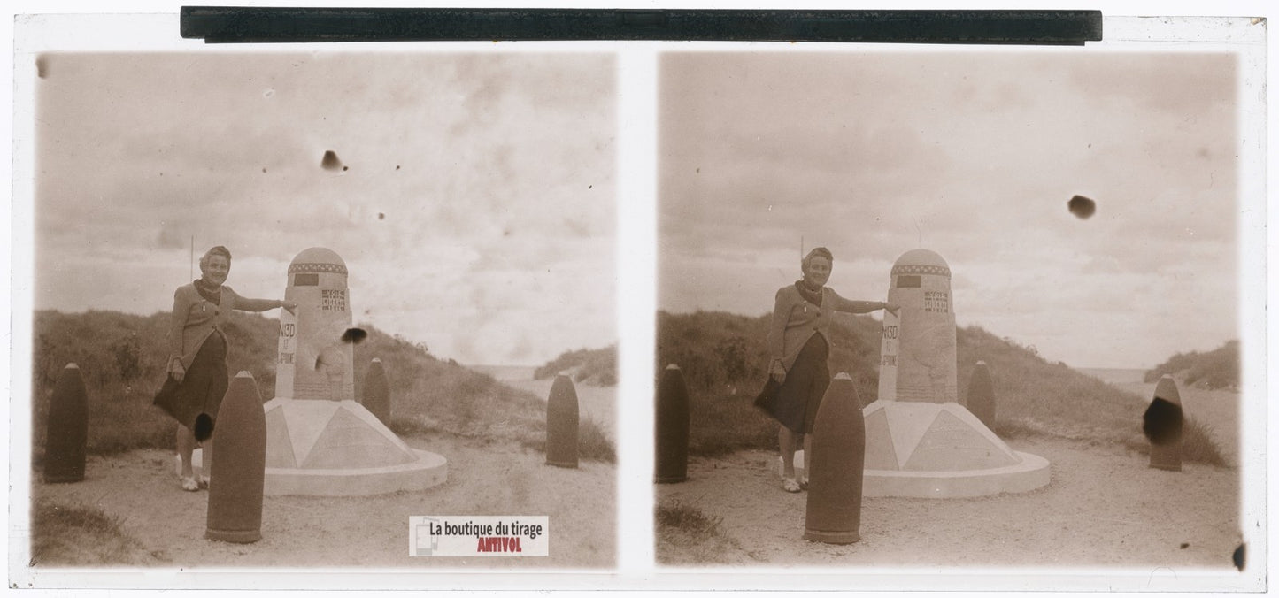 Voie de la Liberté, Utah Beach, plaque verre photo ancienne stéréo 6x13 cm