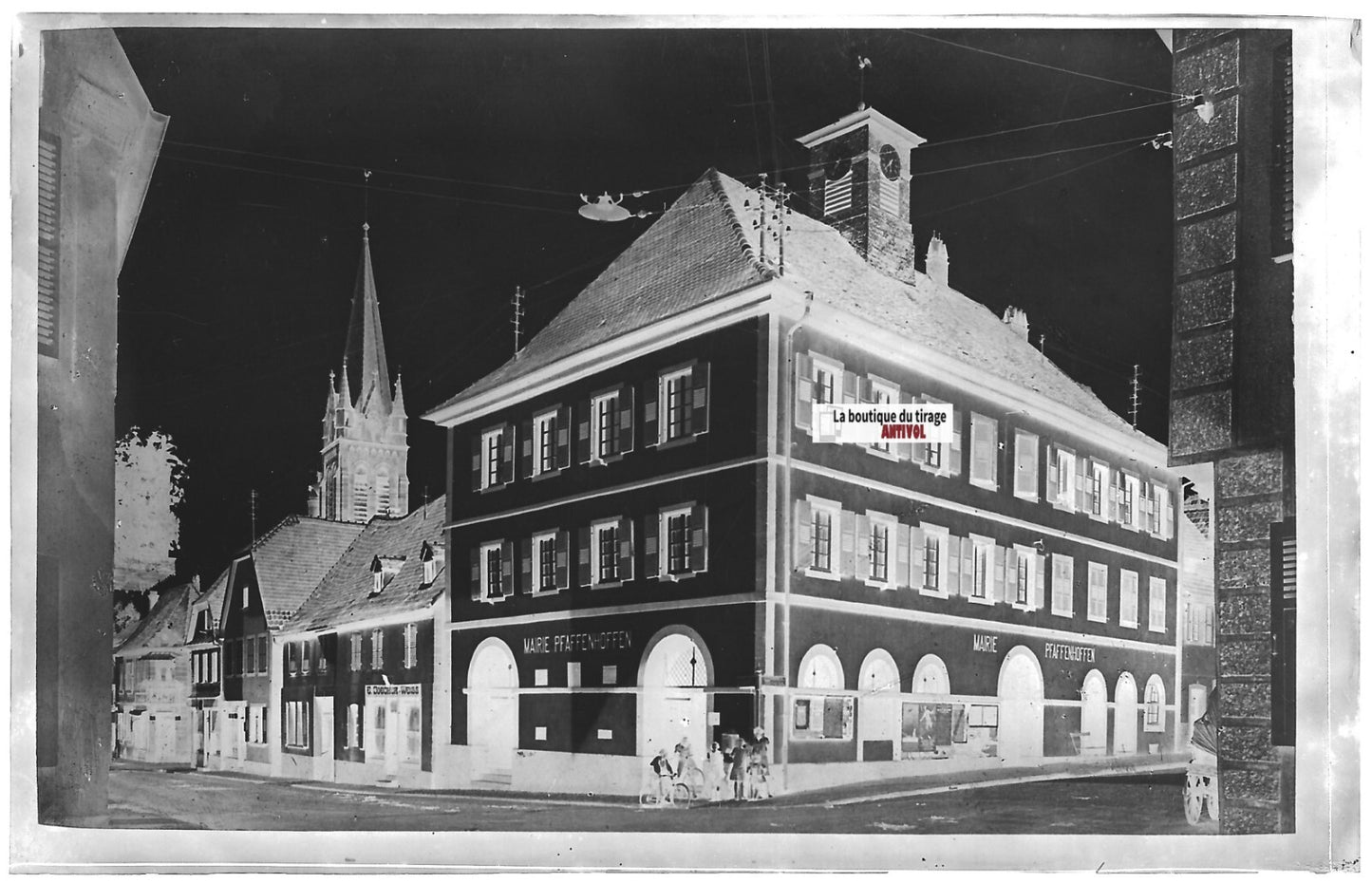 Plaque verre photo ancienne, négatif noir & blanc 9x14 cm, Pfaffenhoffen, mairie