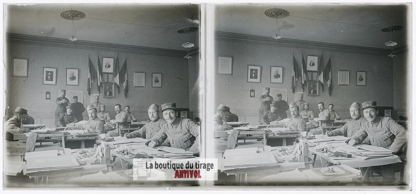 État-major français, guerre WW1, plaque verre photo ancienne stéréo 6x13 cm