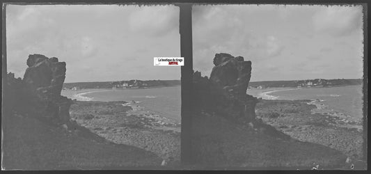 Perros-Guirec Pors Nevez, Plaque verre photo stéréo négatif noir & blanc 6x13 cm
