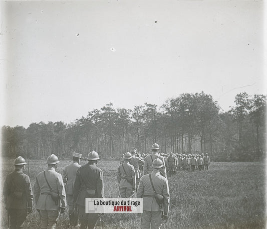 Manœuvres d’infanterie, guerre WW1, plaque verre photo ancienne stéréo 6x13 cm